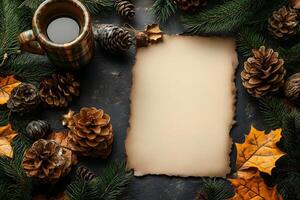 Rustic Autumn Coffee and Pinecone Scene with Blank Paper for Seasonal Greeting Design photo