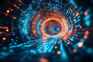 Futuristic Digital Data Tunnel with Vibrant Lights for Technology Concept photo