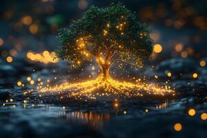 Magical Tree Illuminated by Golden Lights in a Mystical Forest Setting photo
