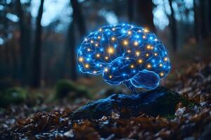 Futuristic Brain Concept in Autumn Forest Artificial Intelligence and Nature Integration photo