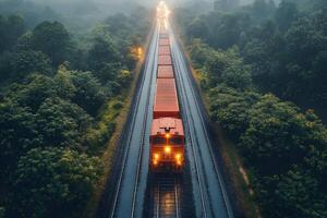 Misty Forest Railway Journey with a Cargo Train at Dusk for Travel and Adventure Themes photo