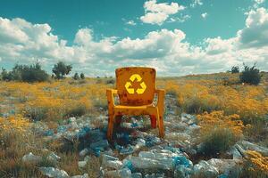 Environmental Concept Yellow Recycle Chair in Plastic Waste Field photo