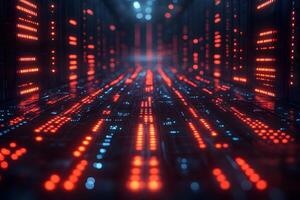 Futuristic Data Center with Red Binary Code Display for Technology Design photo