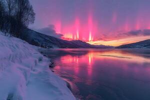 Stunning Winter Landscape with Vibrant Northern Lights Reflected on Snowy Lake photo