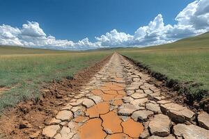 Drought-Stricken Landscape with Cracked Pathway Under Vast Blue Sky photo