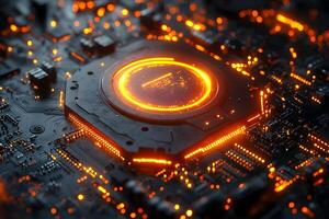 Futuristic Technology Concept Glowing Processor on Circuit Board for Digital Innovation Design photo