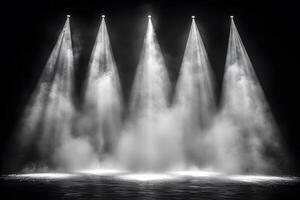 Dramatic Stage with Five Spotlights and Dense Fog for Theater or Concert Themes photo
