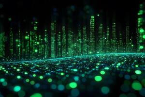 Futuristic Digital Matrix Landscape with Neon Green Binary Code for Technology Design photo