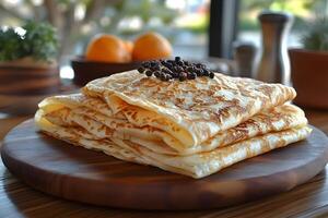 Delicious Stack of Crepes with Black Pepper Garnish for Breakfast and Brunch Concepts photo