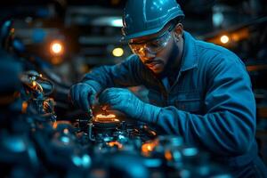 Focused Engineer Working on Machinery in Industrial Setting photo