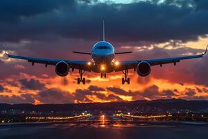 Sunset Airplane Landing on Illuminated Runway for Travel and Adventure photo