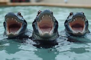 Three Alligators with Open Mouths in Water Displaying Natural Aggression photo