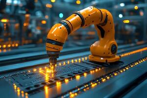 Industrial Robotics Arm Programming Circuit Boards in Advanced Factory Setting photo