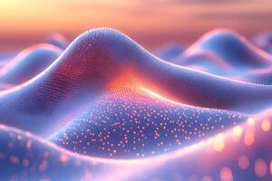Abstract Digital Landscape with Glowing Particles at Sunset for Design and Visualization photo