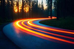 Dynamic Light Trails Through a Forest at Sunset Ideal for Motion and Nature Concepts photo