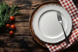 Rustic Table Setting with Empty Plate, Fork, and Cherry Tomatoes on Wooden Background photo