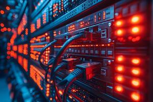 Futuristic Data Center Technology Infrastructure with Glowing Red Server Racks photo
