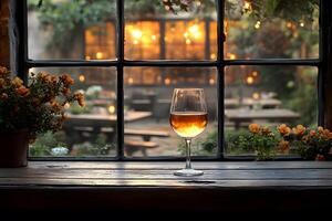 Cozy Evening Ambiance with Glass of Wine by a Rustic Window for Relaxation and Dining Decor photo