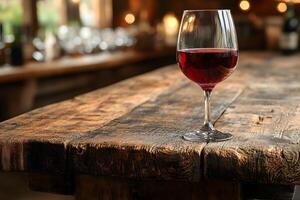 Red Wine Glass on Rustic Wooden Table in Cozy Dining Setting for Elegant Dining Ambiance photo