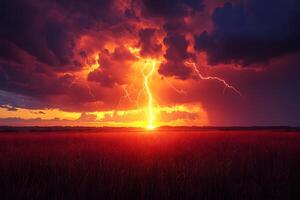 Dramatic Lightning Storm Over Fiery Sunset Landscape for Nature Prints photo