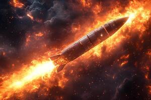 Futuristic Rocket Launching Through Fiery Cosmic Clouds for Space Exploration Theme photo
