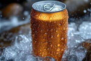 Chilled Beverage Can in Ice and Water with Refreshing Droplets Concept photo