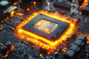 Glowing Circuit Board with Central Microchip for High-Tech Innovation and Computing photo