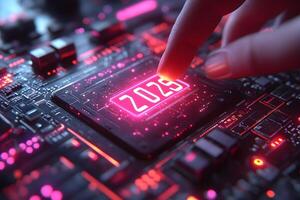 Futuristic Technology Concept with Glowing Circuit Board and 2023 Upgrade Chip photo