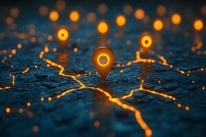 Futuristic City Map with Glowing Location Pins and Illuminated Paths for Technology Concepts photo