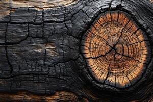 Burnt Wooden Texture with Tree Ring Patterns for Artistic Background Design photo
