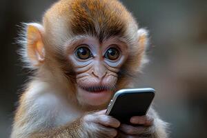 Curious Monkey Engaging with Smartphone in Natural Setting photo