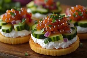 Gourmet Appetizer Creamy Cucumber and Salmon Roe Canap s on Crispy Crackers photo