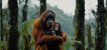 Orangutan Mother Protecting her Two Infants in a Lush Rainforest Habitat photo