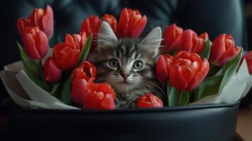 Adorable Kitten nestled among a bouquet of vibrant red tulips in a leather case A perfect springtime image photo