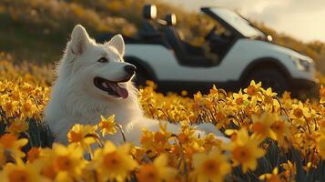 White fluffy dog relaxing in a field of yellow daffodils near a white convertible car on a sunny day photo