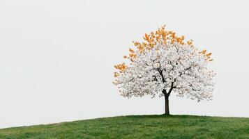 Solitary Tree with White and Orange Blossoms on Green Hill Against White Sky photo