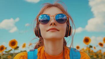 Peaceful Young Woman Listens to Music in a Sunflower Field on a Sunny Day Wearing Headphones and Sunglasses photo