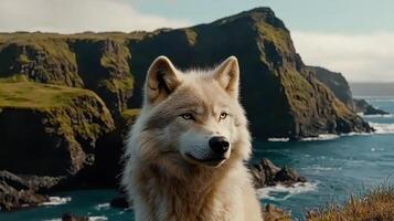 Majestic Arctic Wolf on Dramatic Coastal Cliffs Ocean View Wildlife photo