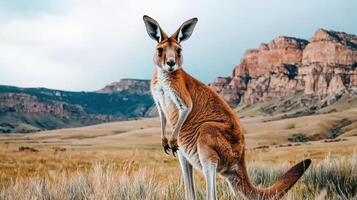 majestuoso rojo canguro en australiano Afuera paisaje salvaje animal en herboso campo cerca escabroso montañas foto