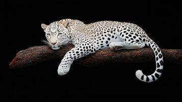 Majestic White Leopard Resting on a Branch Against a Black Background Wildlife photo