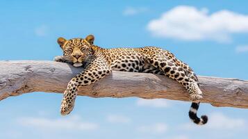Serene Leopard Resting on a Branch Against a Blue Sky with Clouds photo