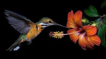 Vibrant Hummingbird Feeding on a Hibiscus Flower in Flight A Close Up Nature Image photo