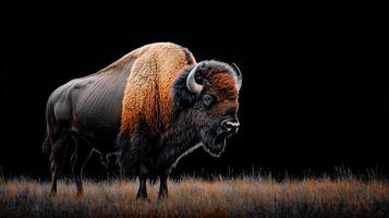 Majestic American Bison standing in a field against a black backgroundWildlife of a powerful bison bull photo