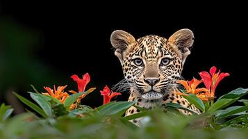 Adorable Leopard Cub Peeking Through Vibrant Tropical Flowers in Dark Setting Wildlife photo