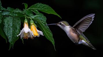 Hummingbird in Flight Near Flowers with Rain Droplets on Leaves Beautiful Nature photo
