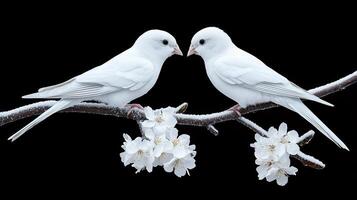 Two White Budgerigars Perched on a Snowy Branch with Delicate White Blossoms A Stunning Winter Scene photo