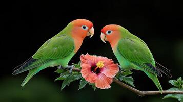 Two Rosy faced Lovebirds Perched on Branch with Hibiscus Flower A Pair of Green and Red Lovebirds near a Vibrant Blossom photo