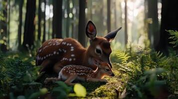A mother deer and her fawn rest peacefully in a sun dappled forest a beautiful scene of wildlife in nature photo