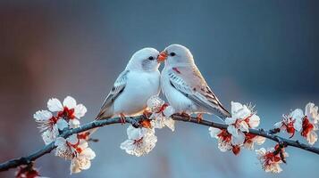 Two White Birds Perched on a Branch of Delicate Pink and White Blossoms in Spring photo