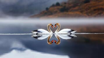 Two Swans Forming a Heart Shape on a Calm Lake in Misty Morning Landscape photo